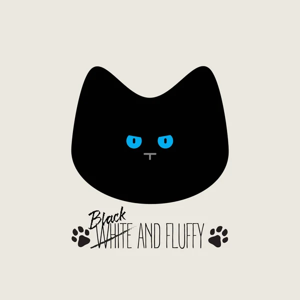 有蓝眼睛的黑毛猫 有严肃脸蛋的猫 带猫脚印和幽默题词的T恤衫印花矢量图解 — 图库矢量图片