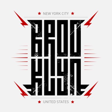 Brooklyn - Gri arkaplanda acımasız yazılar olan tişört için etiket ya da baskı. Grunge efekti ve kırmızı şimşekle yazılmış orijinal harfler. Vektör.