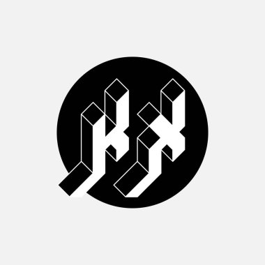 Tasarım için Isometric 3d yazı tipi. KX - Siyah bir dairede üç boyutlu orijinal harfler. K ve X - monogram veya logotype.