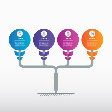 İşletmenin gelişimi ve büyümesi. Ağaç ya da zaman çizelgesi. 4 parçalı, basamaklı ya da puanlı iş konsepti. Dört seçeneğe sahip yatay bilgi grafikleri, bilim ve teknoloji araştırması.