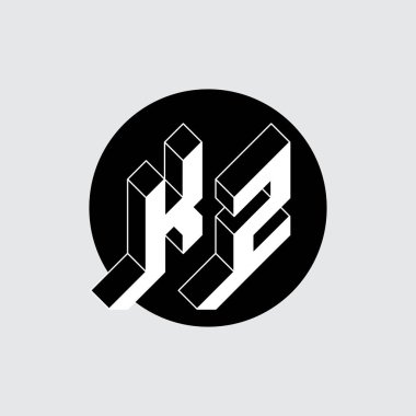 KZ ya da K2 - Siyah bir dairede üç boyutlu orijinal harfler. K ve Z - monogram veya logotype. Tasarım için Isometric 3d yazı tipi.