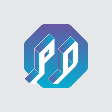 PD - monogram ya da logotype. Alfabe. Altıgen bir alt tabakada üç boyutlu P ve D harfleri. Tasarım için Isometric 3d yazı tipi.