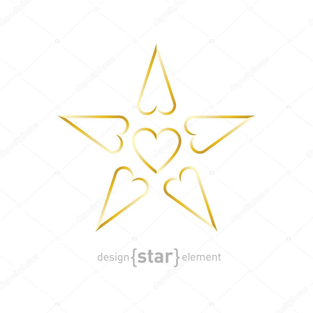 The luxury golden star with hearts on white background. Company logo template, corporate identity