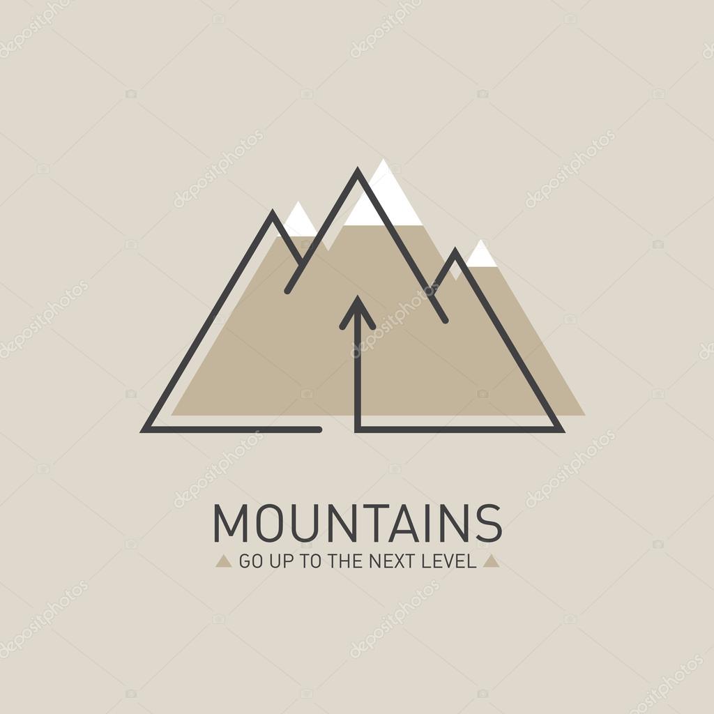 Mountains, Vector logo in line style. Mono line logotype template with up arrow and snow-capped mountains in the background