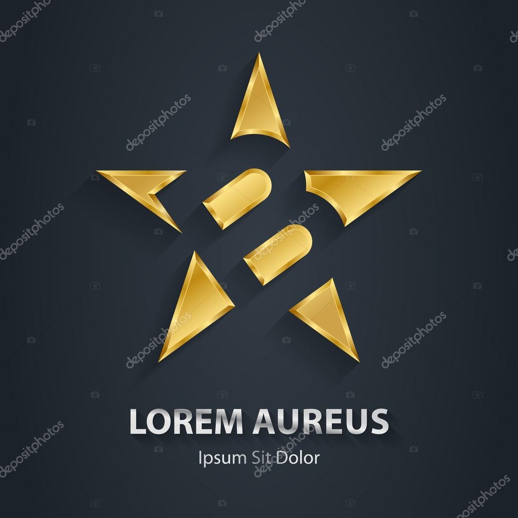 Letter B inside Gold star logo. Award 3d icon. Golden logotype template. Volume Vector illustration.