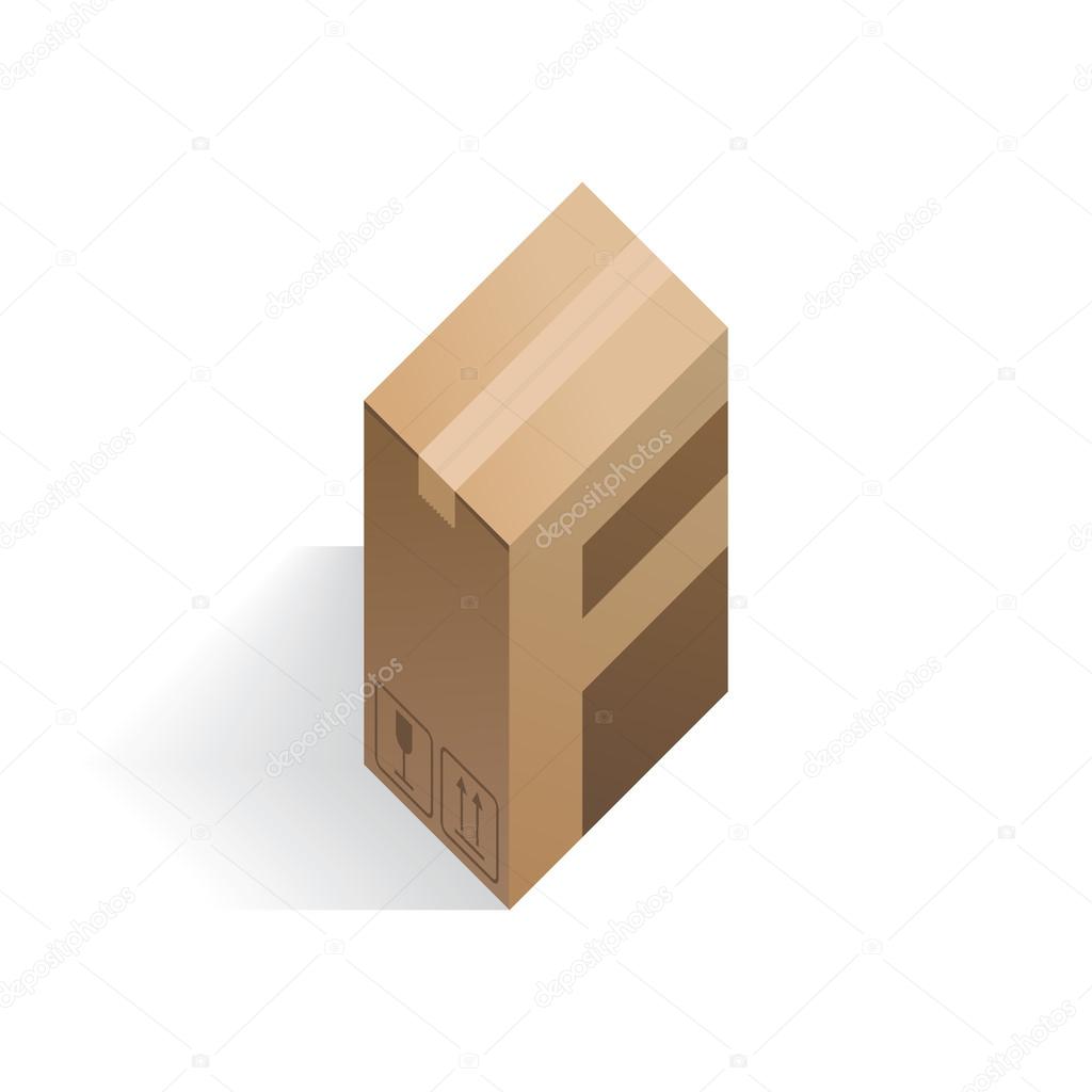 Letter F. Vector Font - Box. 3d Isometric cardboard box with letters on the surface, isolated on white background. Template for company logo, Design element or icon.