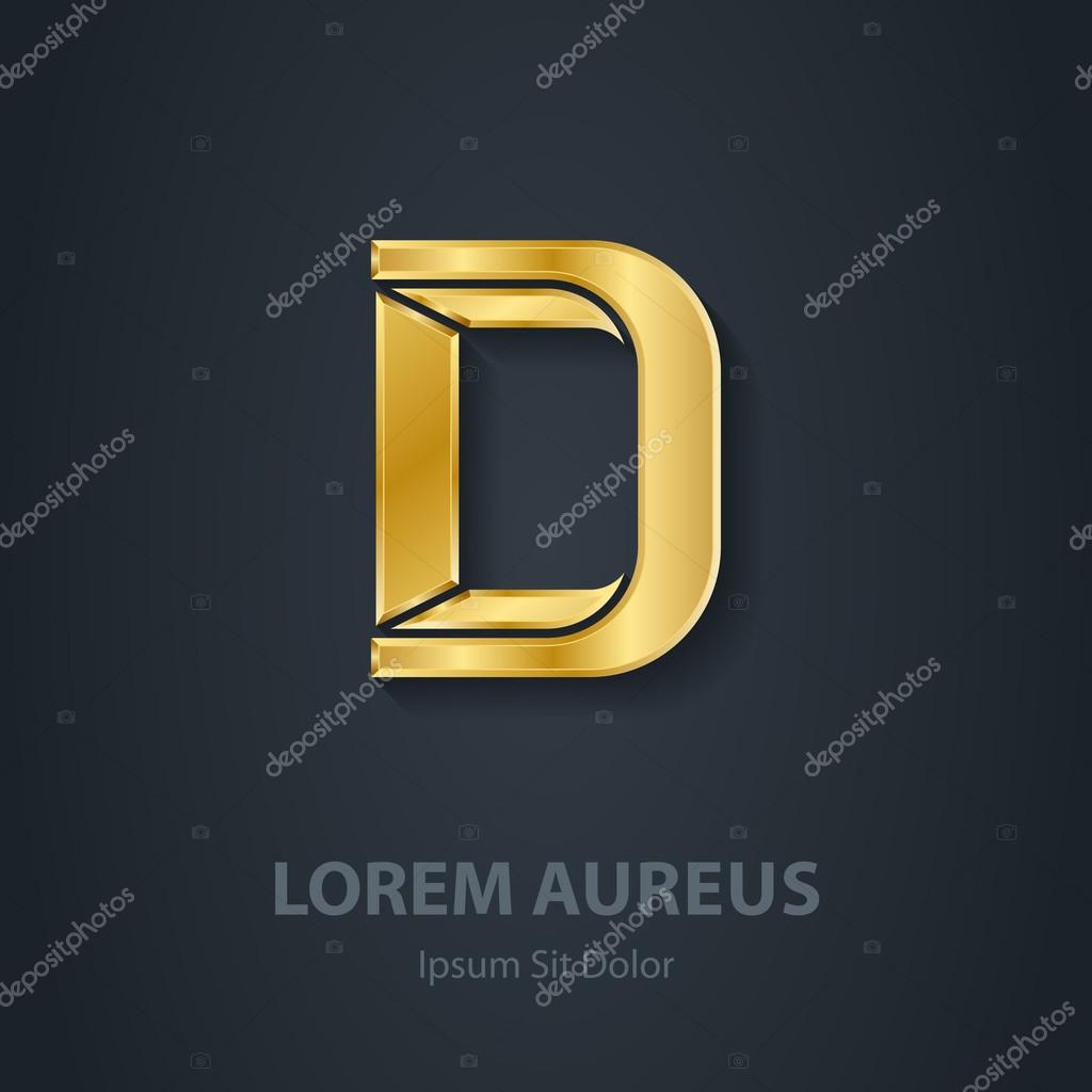 Gold Letter D . Vector elegant font. Template for golden company logo. Metallic Design element or icon.