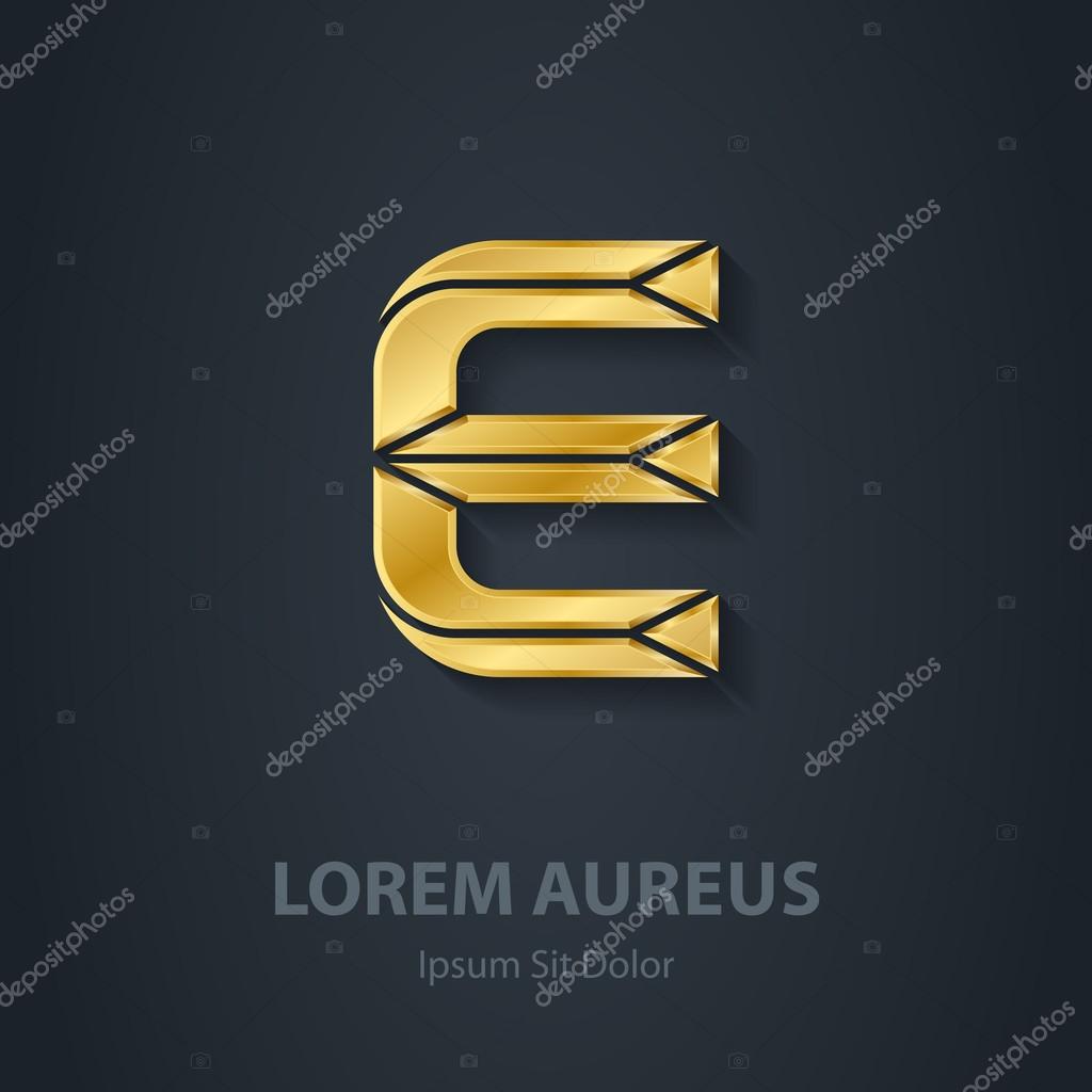 Gold Letter E . Vector elegant font. Template for golden company logo. Metallic Design element or icon.