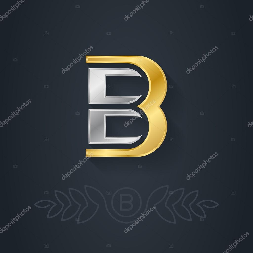 Vector elegant gold and silver font. Letter B. Template for company logo with monogram element. 3d Design element or icon.