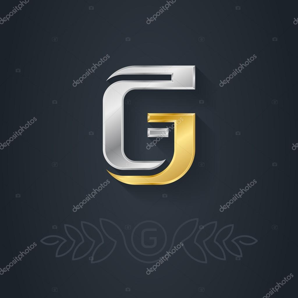 Vector elegant gold and silver font. Letter G. Template for company logo with monogram element. 3d Design element or icon.