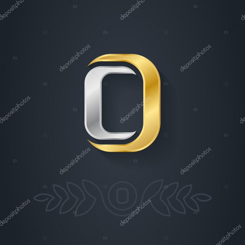 Vector elegant gold and silver font. Letter O. Template for company logo with monogram element. 3d Design element or icon.
