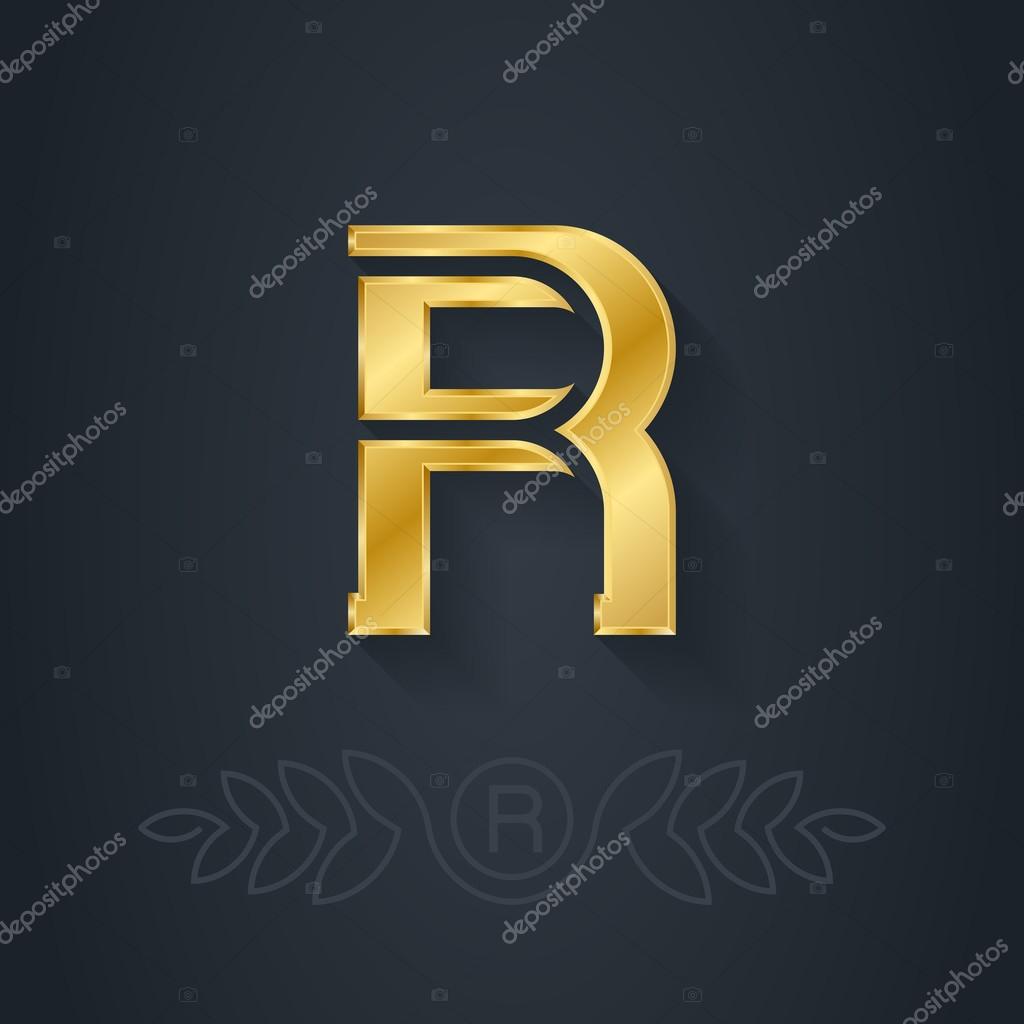 Letter R. Vector elegant gold  font. Template for company logo. Metallic 3d Design element or icon.