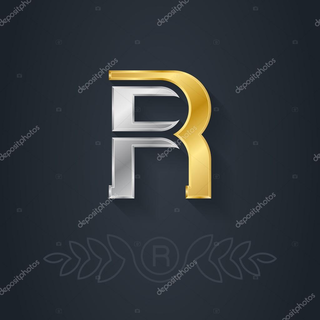 Vector elegant gold and silver font. Letter R . Template for company logo with monogram element. 3d Design element or icon.