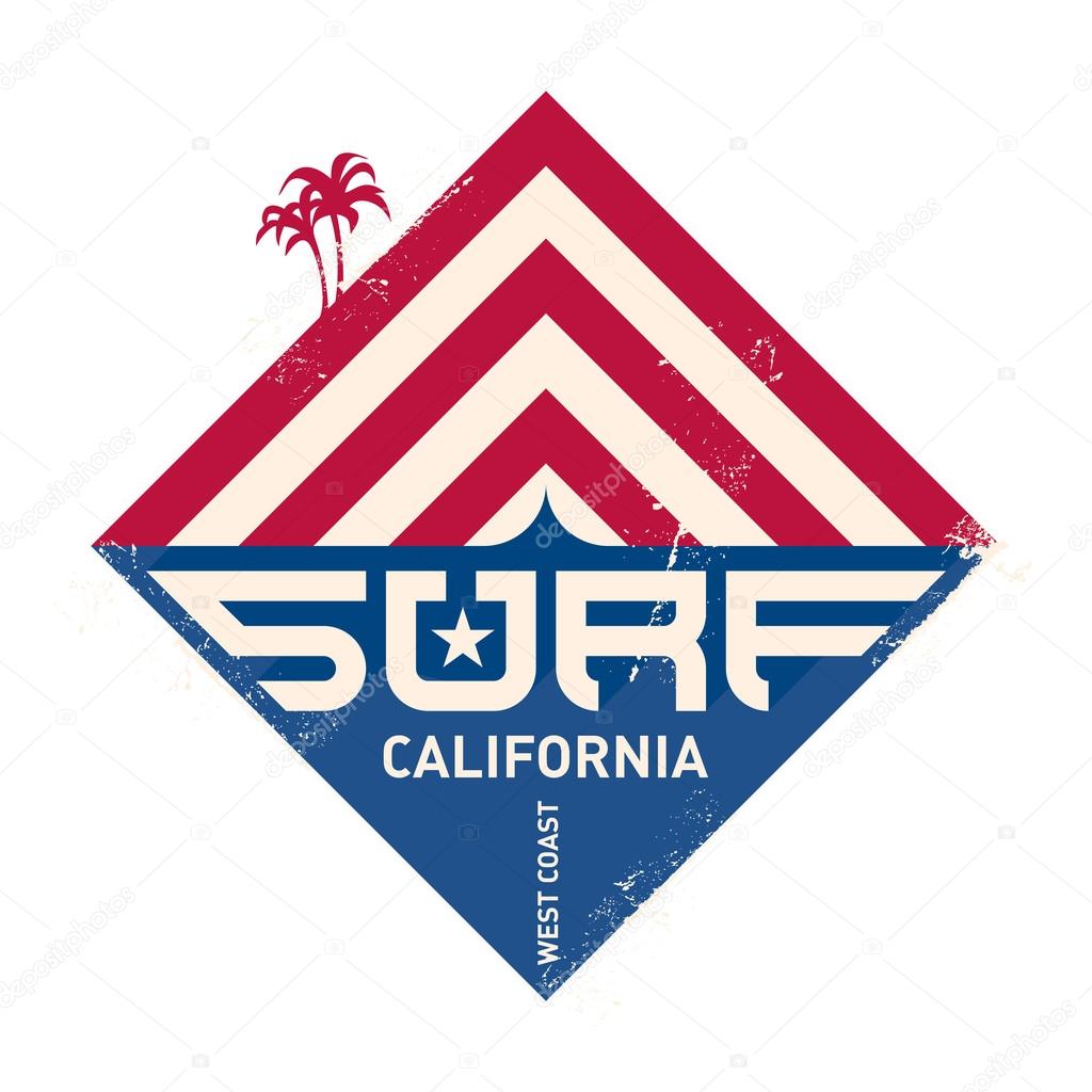 Surfing vintage label. California west coast surfers. Pacific Ocean team. Vector illustration for surf board design.
