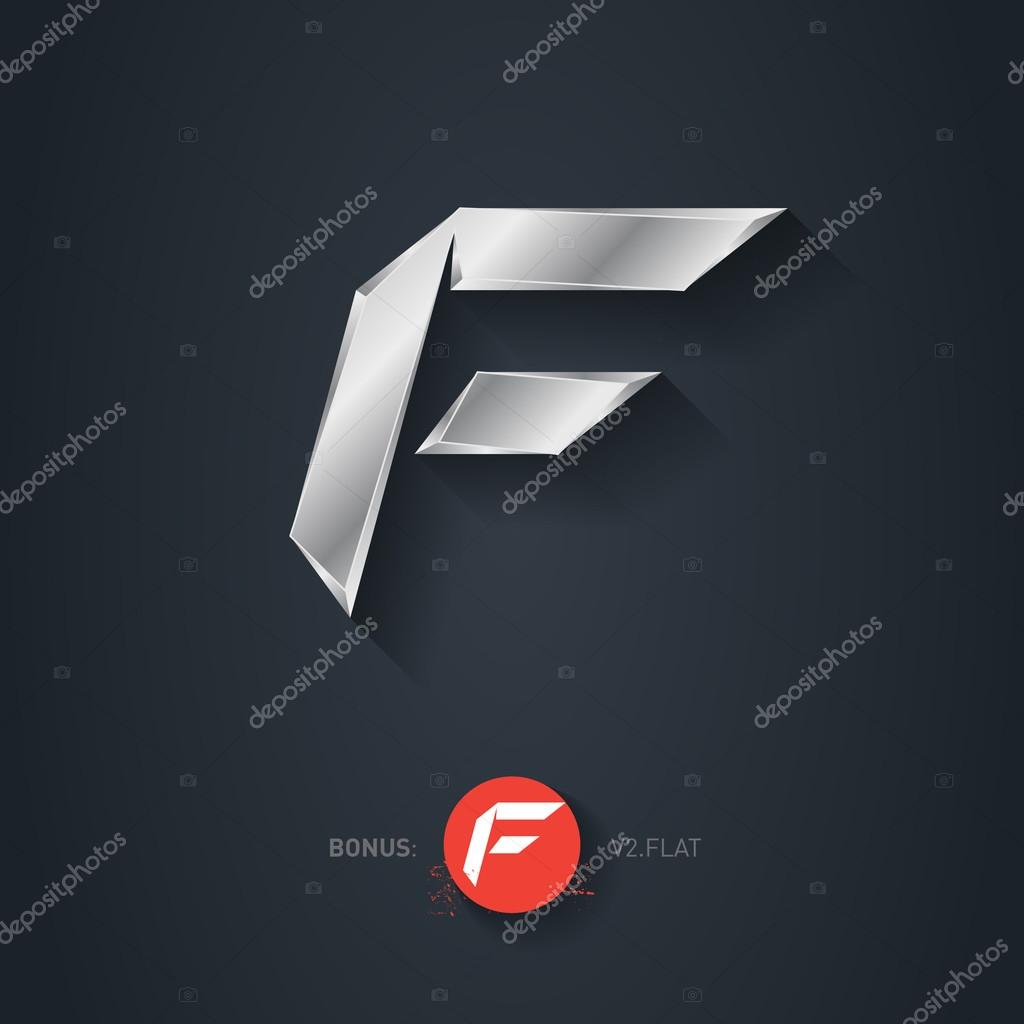 Letter F, Vector silver font. Elegant Template for company logo. Metallic Design element or icon. Pseudo origami style, including flat version.