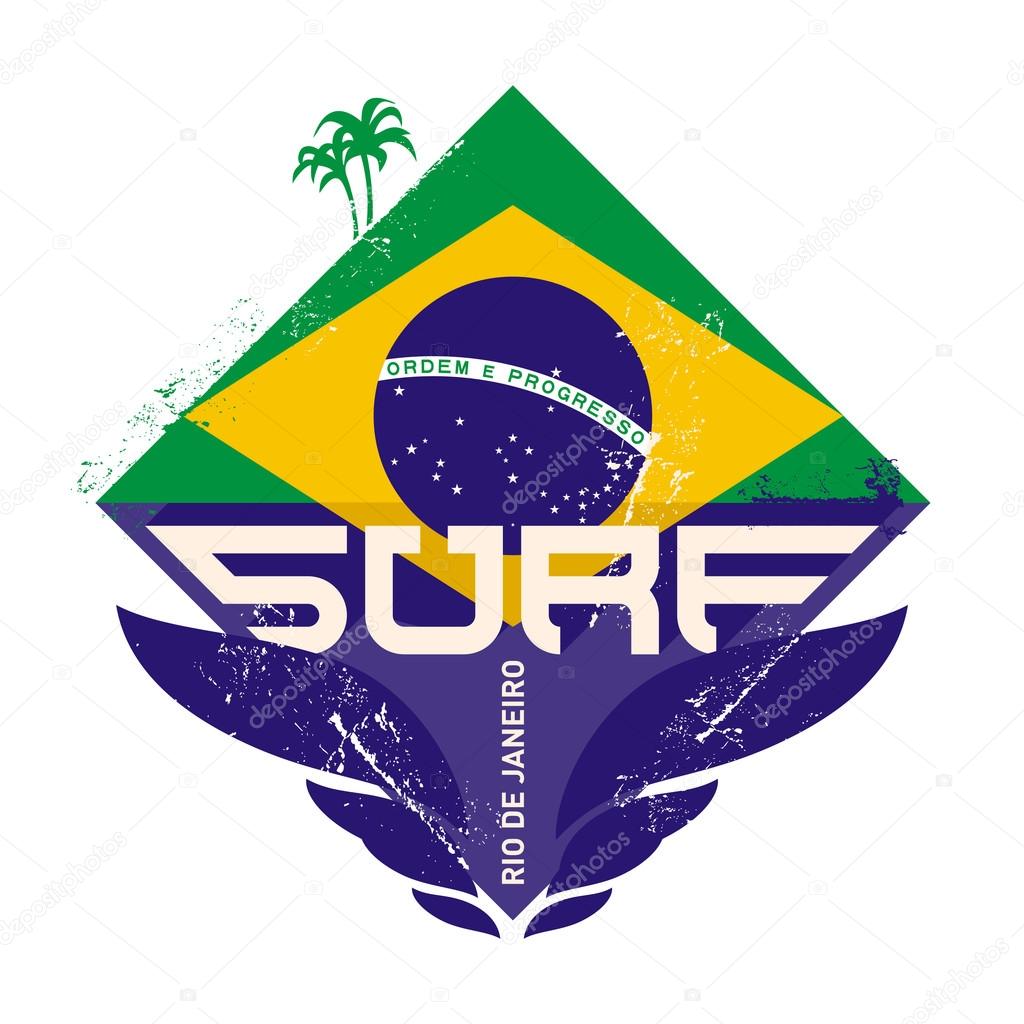 Surfing vintage label with palm and Brazil flag. Surf Vector shield