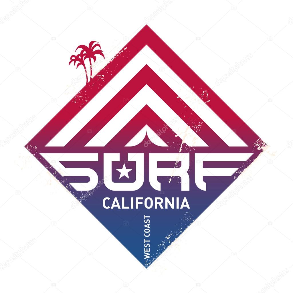 Surfing vintage label. California west coast surfers logo. Vector illustration for surf board design with gradient.