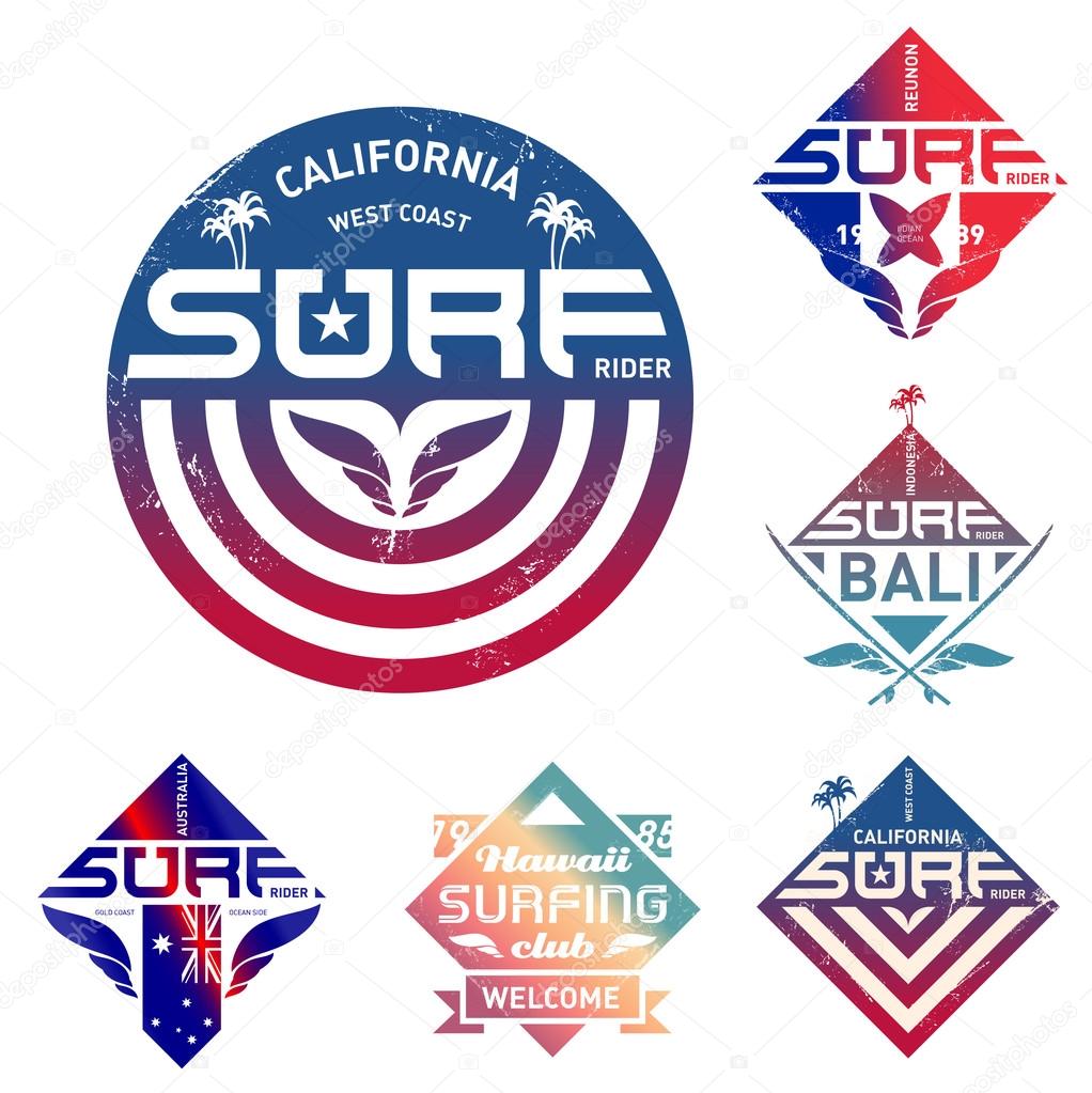 Set of vintage surfing logo with gradients. Vector design for tees or board with palm, waves and surfboards