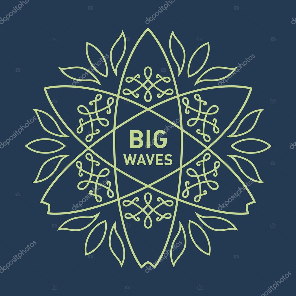 Simple monogram design template with elegant surfing logo with surfboards and floral elements.