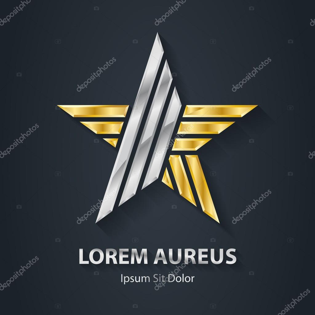 Close-up of gold and silver star logo against black background