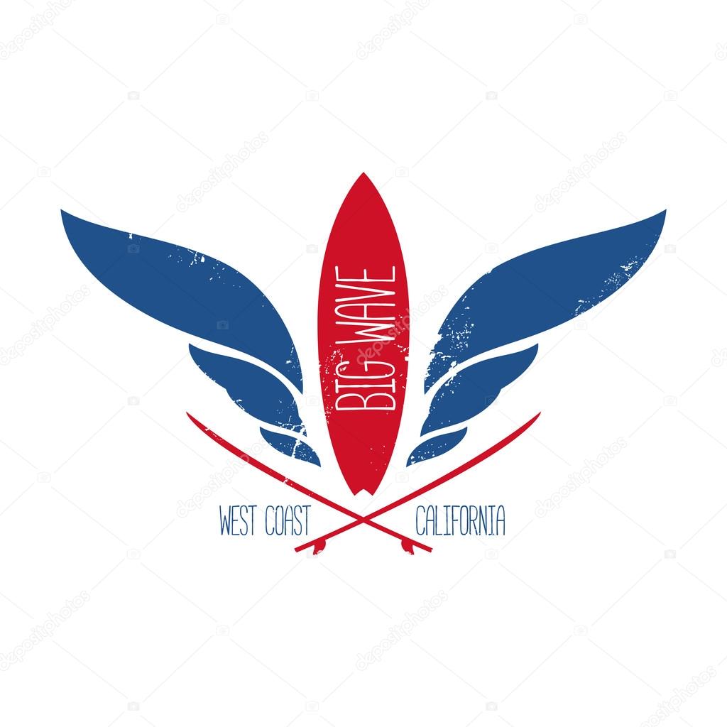 Blue and red big wave - Surfing vintage label against white background