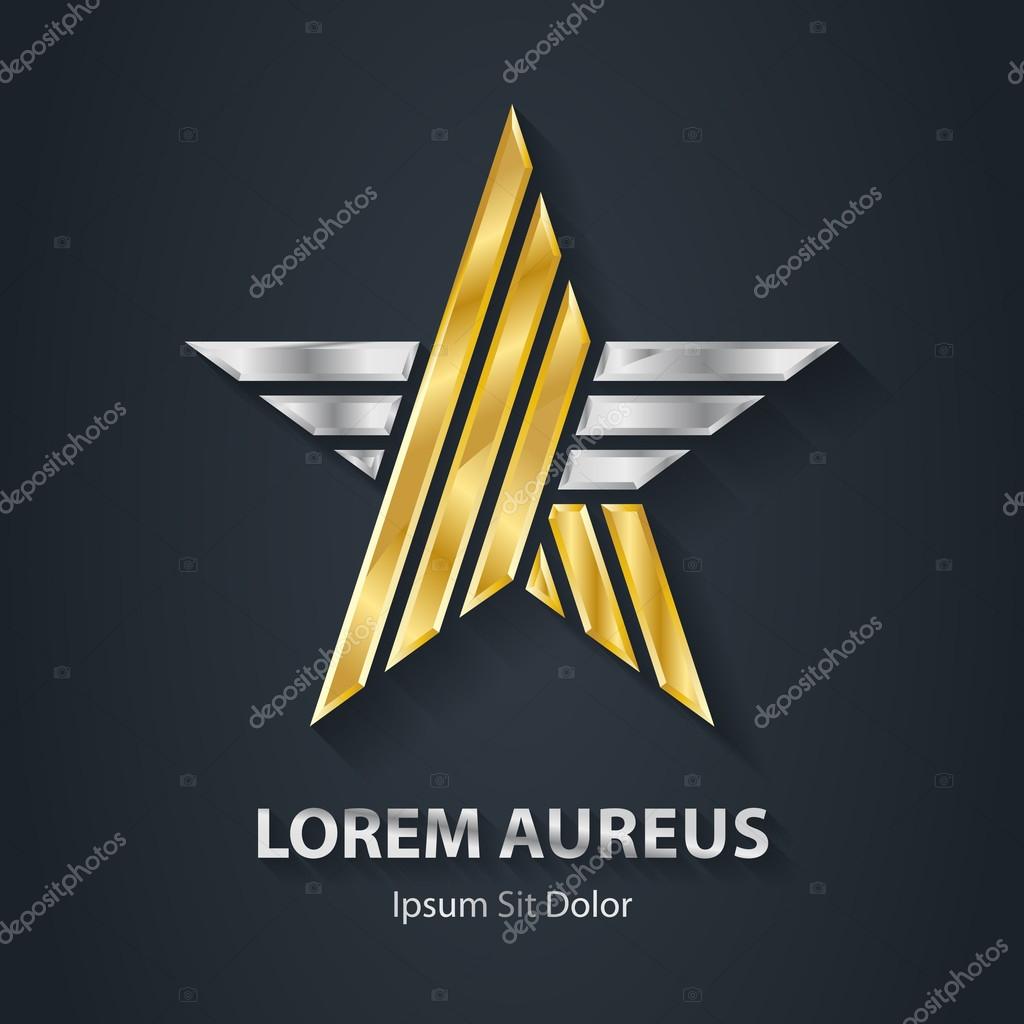 Close-up of gold and silver star logo against black background