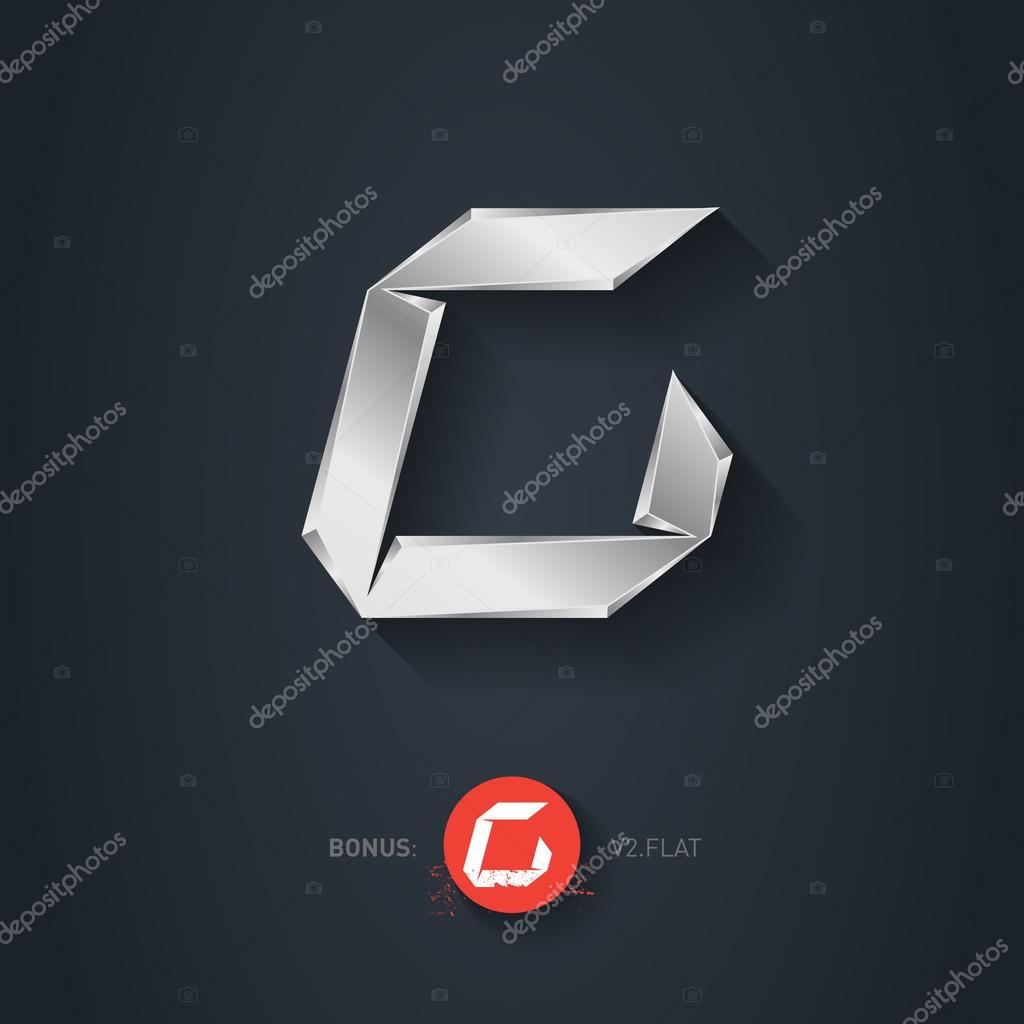 Letter C, Vector silver font. Elegant Template for company logo. Metallic Design element or icon. Pseudo origami style, including flat version.