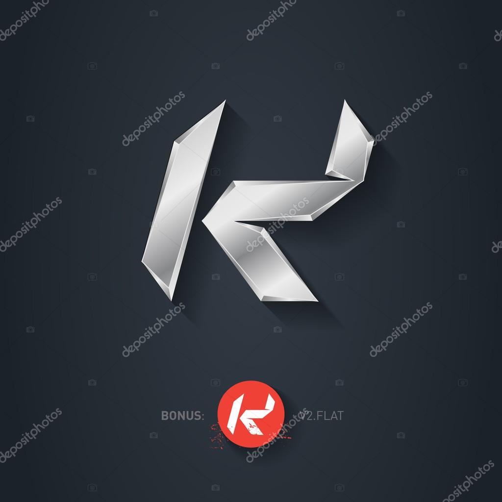 Letter K, Vector silver font. Elegant Template for company logo. Metallic Design element or icon. Pseudo origami style, including flat version.