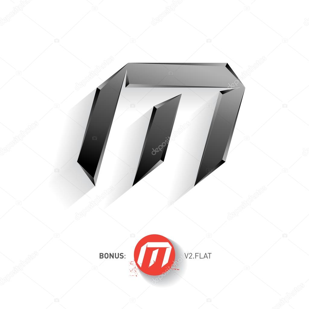 Letter M, Vector metal font. Elegant Template for company logo. Metallic Design element or icon. Pseudo origami style, including flat version.