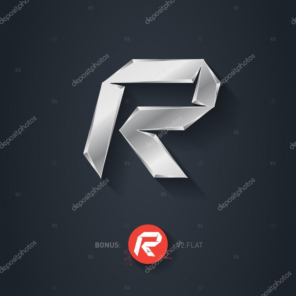 Letter R, Vector silver font. Elegant Template for company logo. Metallic Design element or icon. Pseudo origami style, including flat version.