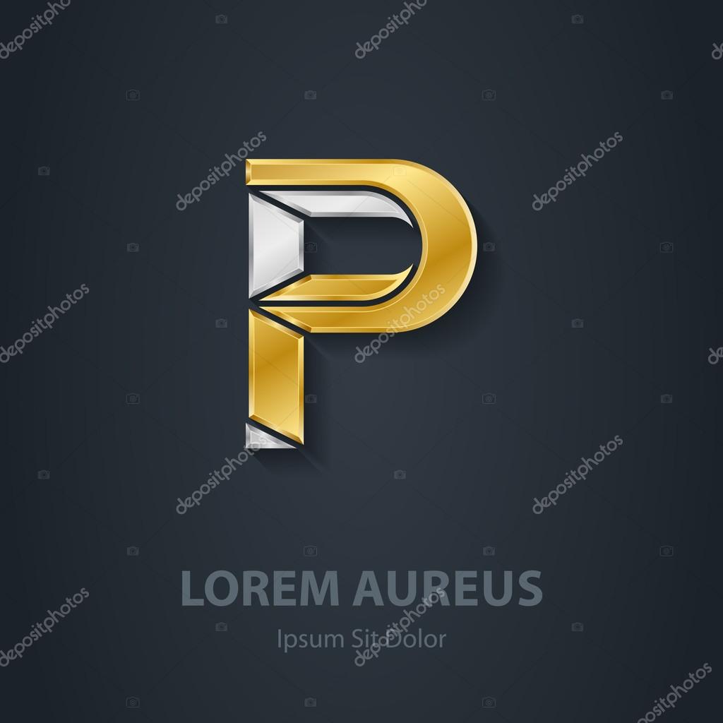 Letter P. Template for company logo. 3d Design element or icon. Vector elegant gold and silver font.