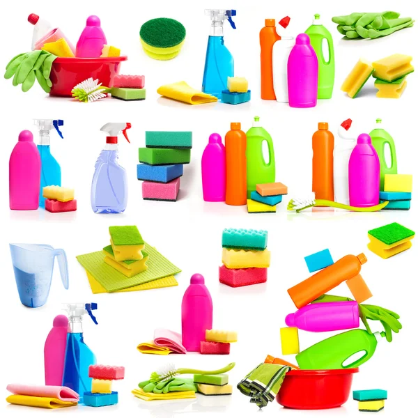 Set fotos detergente y artículos de limpieza — Foto de Stock