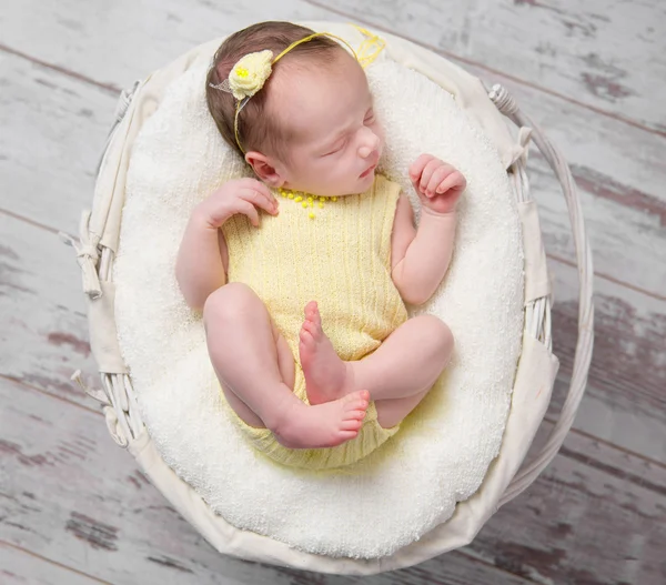 Sweet newborn girl in yellow sleeping in basket — Stock Photo, Image