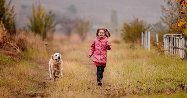 Küçük kız çam ağacında köpekle yürüyor. — Stok fotoğraf