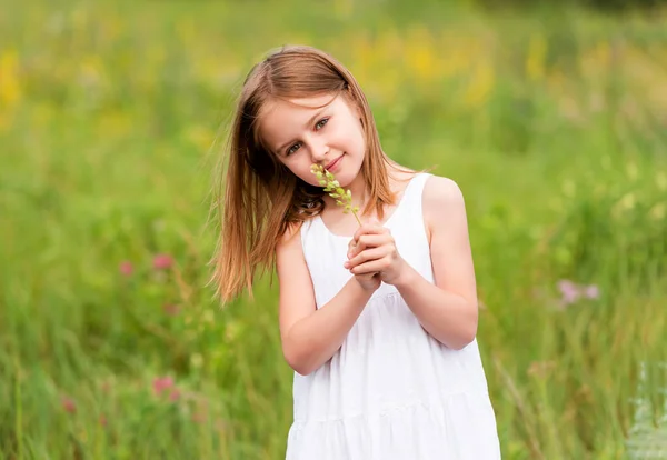 Menina bonito segurando buquê de flores silvestres — Fotografia de Stock