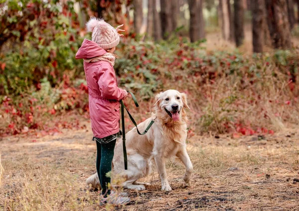 Klein meisje met gouden retriever in het bos — Stockfoto