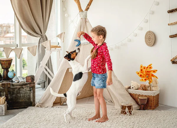 Dívka dítě trénink liška teriér pes — Stock fotografie