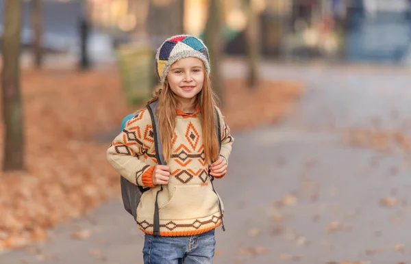 Menina da escola bonito com folhas — Fotografia de Stock