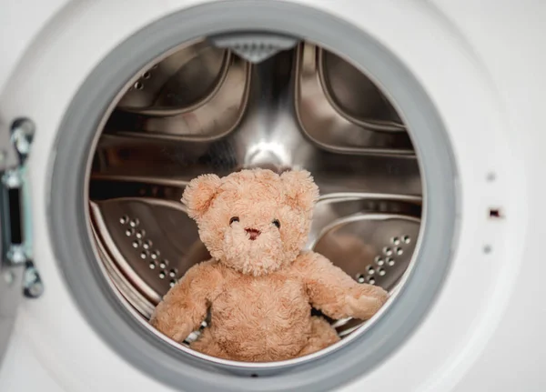 세탁기를 씻고 난 다음에 곰 인형을 뒤집어 놓는다 — 스톡 사진
