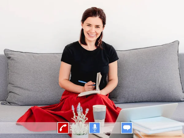 Business woman using webcam and conference call — Stock Photo, Image