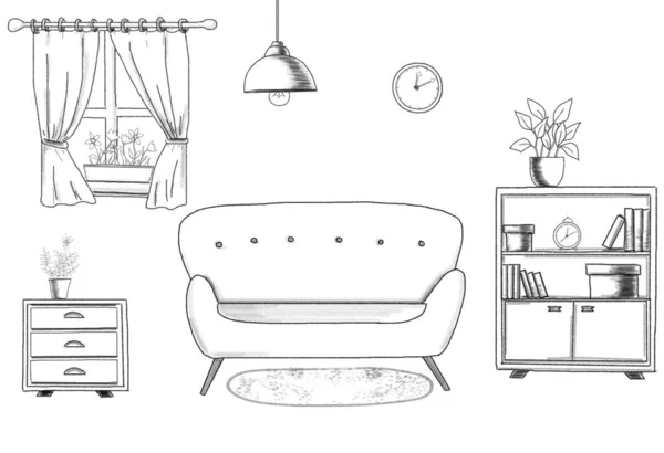 Monochromic living room sketch with furniture — Stock Photo, Image