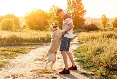 Golden retriever insanın yanında duruyor.