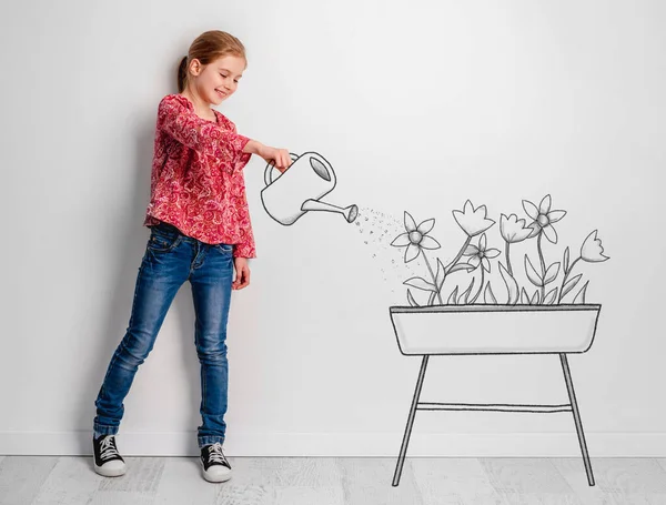 Pequena menina regando flores em esboço colorido — Fotografia de Stock