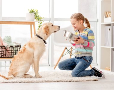 Güzel kız tatlı köpeği besliyor.