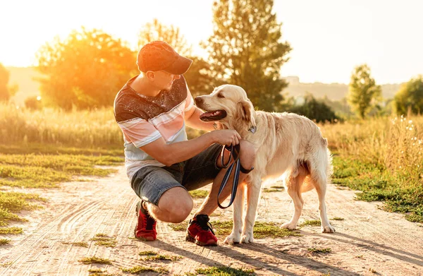 Homem caminhando golden retriever ao pôr do sol — Fotografia de Stock