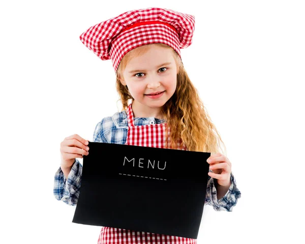 Menina segurando papel de menu em branco — Fotografia de Stock