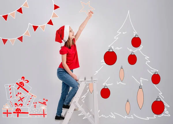 Dívka zdobí vánoční stromeček skica — Stock fotografie
