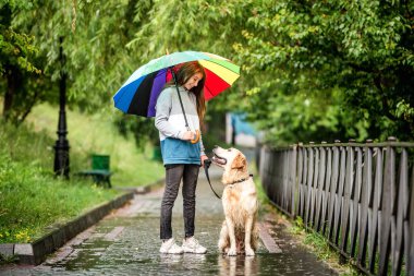 Genç kız köpekle yağmurun altında yürüyor.