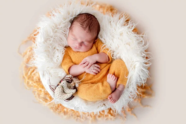 Милый новорожденный, лежащий в колыбели — стоковое фото