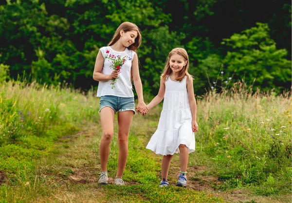 Vackra flickor går på sommaräng — Stockfoto